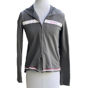 BCBG Max Azaria Hooded Jacket Large LG L Grey White and Pink Stripes